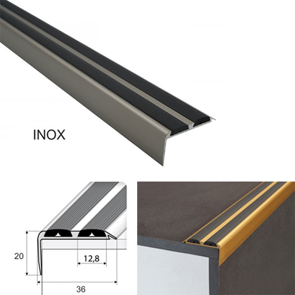 36mm x 20mm Aluminium Non Slip Stair Nosing Edge Trim With Rubber Inserts