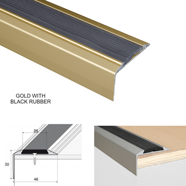 46mm x 30mm Aluminium Anti-Slip Stair Nosing Edge Trim With Rubber Insert