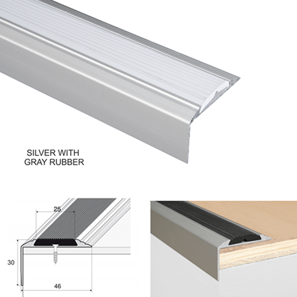 46mm x 30mm Aluminium Anti-Slip Stair Nosing Edge Trim With Rubber Insert