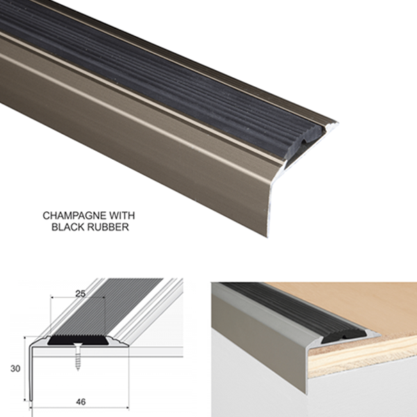 46mm x 30mm Aluminium Anti-Slip Stair Nosing Edge Trim With Rubber Insert