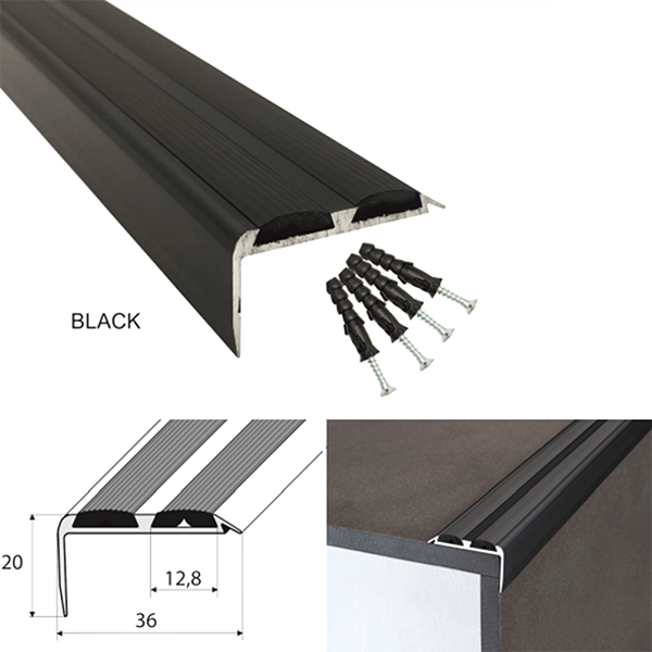 36mm x 20mm Aluminium Non Slip Stair Nosing Edge Trim With Rubber Inserts