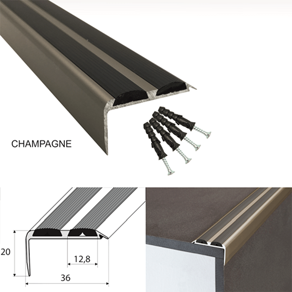 36mm x 20mm Aluminium Non Slip Stair Nosing Edge Trim With Rubber Inserts