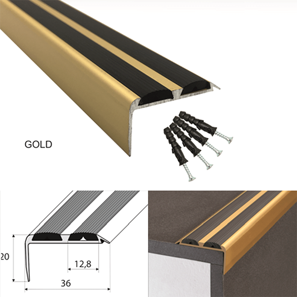 36mm x 20mm Aluminium Non Slip Stair Nosing Edge Trim With Rubber Inserts