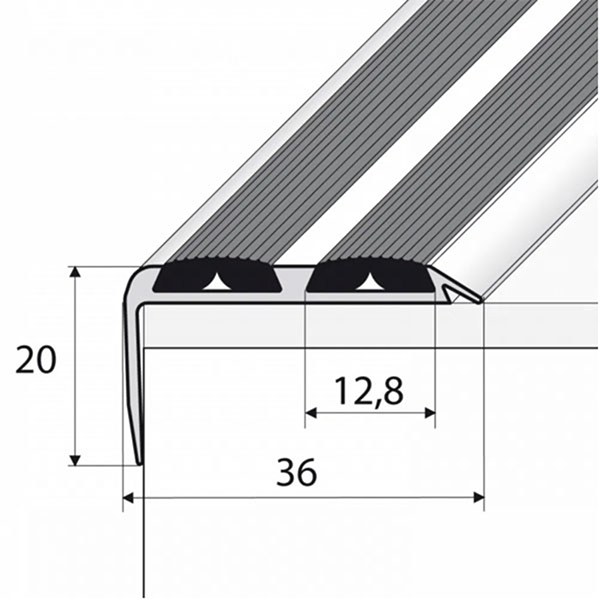 36mm x 20mm Aluminium Non Slip Stair Nosing Edge Trim With Rubber Inserts