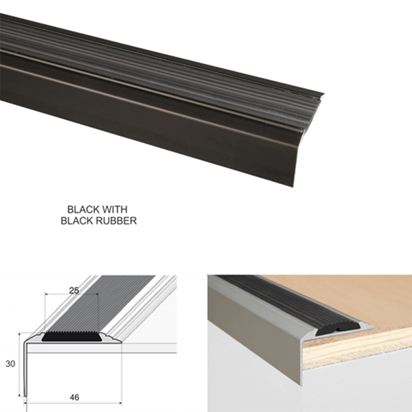 46mm x 30mm Aluminium Self Adhesive Non Slip Stair Nosing Edge Trim With Rubber Insert