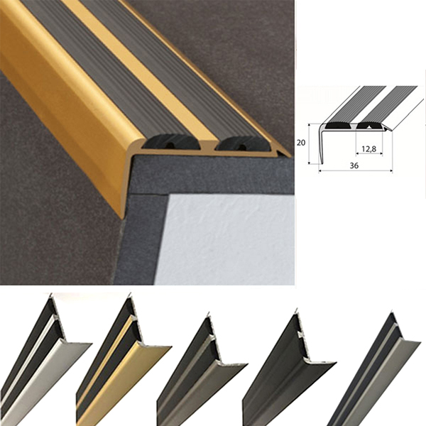 36mm x 20mm Aluminium Non Slip Stair Nosing Edge Trim With Rubber Inserts